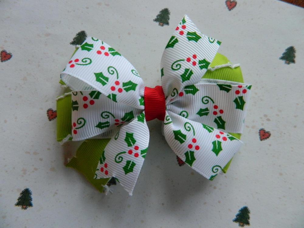 Holly Green On Lime Green Christmas Pinwheel Bow Hair Clip